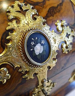 Antique Burr Walnut Stationery Box, Fine Engraved Gilded Mounts With Pietra Dura