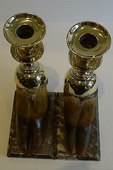 Antique English Victorian Taxidermy Hoof & Brass Candlesticks c.1880