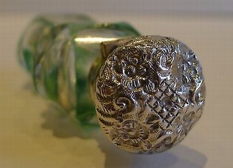 Antique Antique English Green Overlay Glass Perfume Bottle - Sterling Silver c.1890