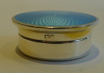 Antique Stunning English Sterling Silver & Blue Guilloche Enamel Pill Box