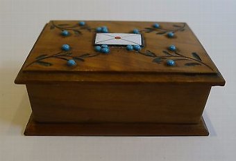 Antique Antique Olivewood Stamp Box - Turquoise Beads and Enamel Letter c.1900