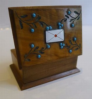 Antique Antique Olivewood Stamp Box - Turquoise Beads and Enamel Letter c.1900