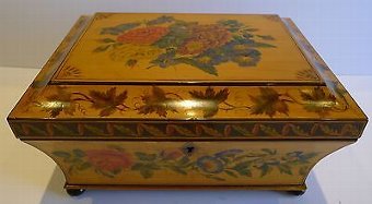 Antique Rare Antique English Painted Sycamore Jewelry Box - Hand Painted Flowers, c.1815