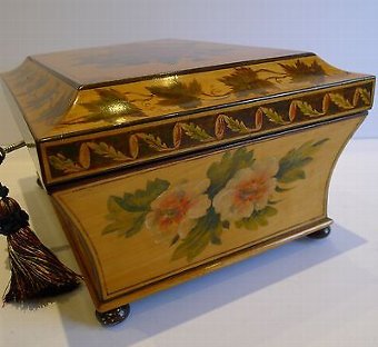 Antique Rare Antique English Painted Sycamore Jewelry Box - Hand Painted Flowers, c.1815