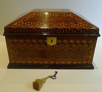 Antique Magnificent Large Antique English Rosewood & Parquetry Jewelry / Sewing Box