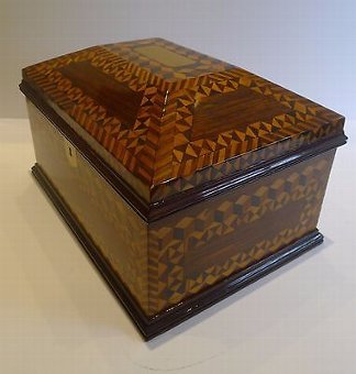 Antique Magnificent Large Antique English Rosewood & Parquetry Jewelry / Sewing Box