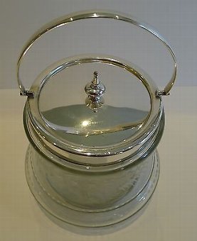 Antique Antique English Fern Engraved Glass & Silver Plate Biscuit Barrel c.1890