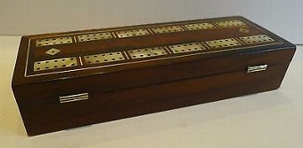 Antique Antique English William IV Mother of Pearl Inlaid Rosewood Cribbage / Card Box