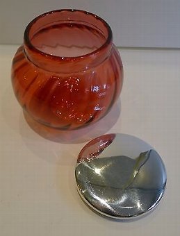 Antique Large Cranberry / Red Vanity or Powder Bowl - English Sterling Silver Lid - 1919