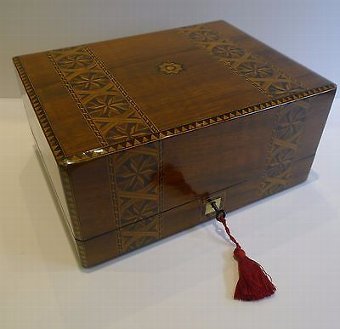 Antique Rare Antique English Inlaid Walnut Cantilever Jewelry Box c.1870