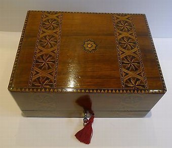Antique Rare Antique English Inlaid Walnut Cantilever Jewelry Box c.1870