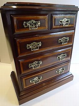 Antique Handsome Antique English Mahogany & Maple Miniature Chest of Drawers c.1900