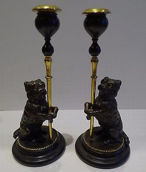Pair Antique French Figural Candlesticks - Bronze Dogs With Glass Eyes c.1870