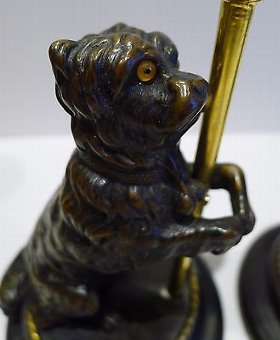 Antique Pair Antique French Figural Candlesticks - Bronze Dogs With Glass Eyes c.1870