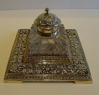 Antique English Brass and Glass Inkwell c.1890