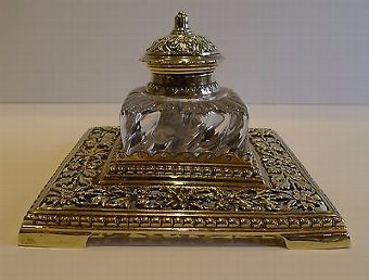 Antique Antique English Brass and Glass Inkwell c.1890