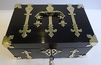 Antique Antique English Macassar Ebony Jewelry Box - Brass Mounted Chest c.1850