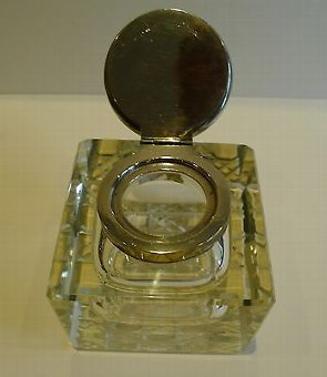 Antique Large Antique, English Cut Crystal Inkwell - Hunt Scene Top c. 1910