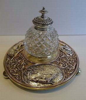 Huge Antique English Electrotype Figural Inkwell - Hares. Game Birds, Stag c1880