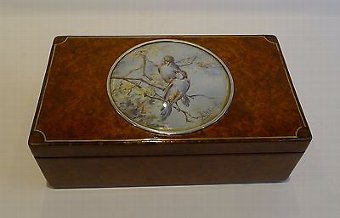 Antique Unusual Antique Amboyna Trinket Box With Watercolor Under Glass c.1900