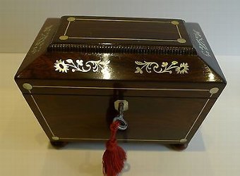 Antique English William IV Rosewood Tea Caddy - Mother of Pearl Inlay c.1830