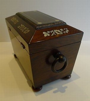 Antique English William IV Rosewood Tea Caddy - Mother of Pearl Inlay c.1830