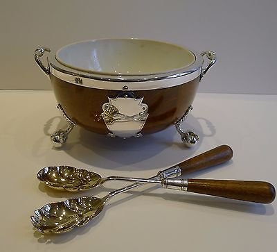 Antique Antique English Oak & Silver Plate Salad Bowl & Servers c.1900 by Daniel & Arter