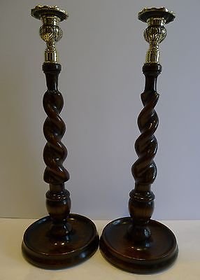 Antique Towering Antique English Oak & Brass Barley Twist Candlesticks c.1900 - 14