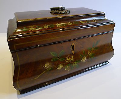 Antique Antique English Tea Caddy - Floral Painted Mahogany c.1820
