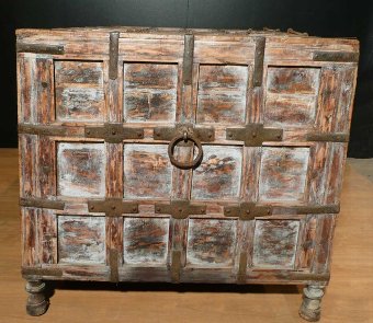 Antique Antique 19th C Indian / Eastern Iron Panelled CHEST Coffer Box Trunk