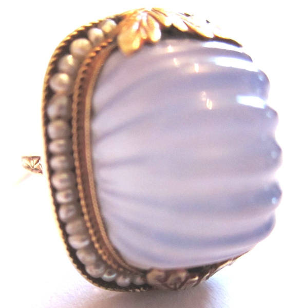 Antique Antique blue chalcedony and pearl ring