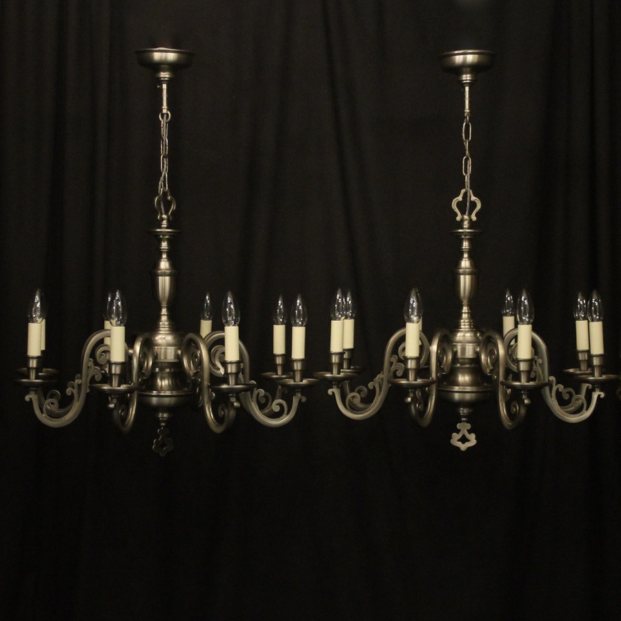 French Pair Of Silver Plated 8 Light Chandeliers