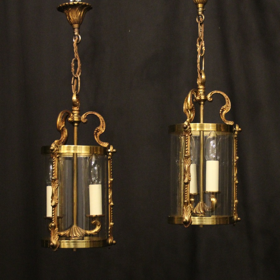Antique French Pair Of Gilded Convex Hall Lanterns