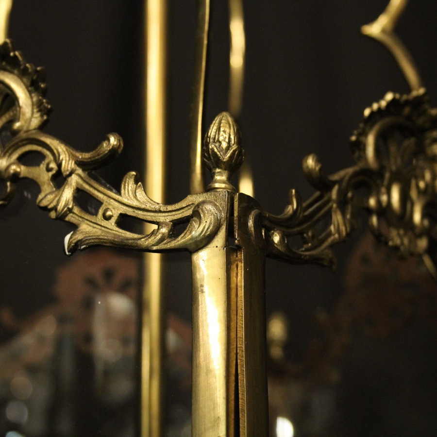Antique English Brass Triple Light Antique Hall Lantern
