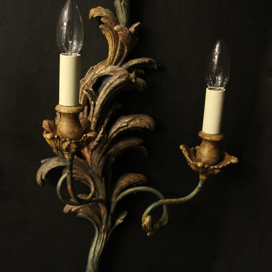 Antique French Pair Of Polychrome Gilded Wall Lights