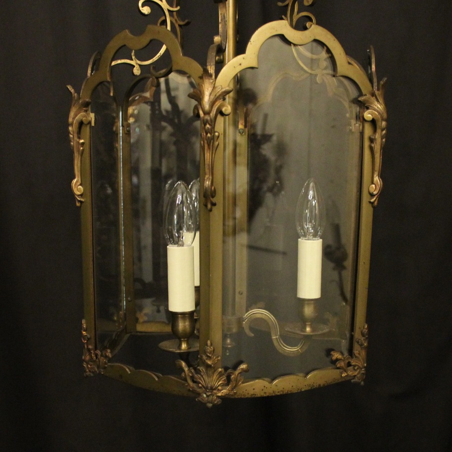 Antique French Brass Triple Light Antique Hall Lantern