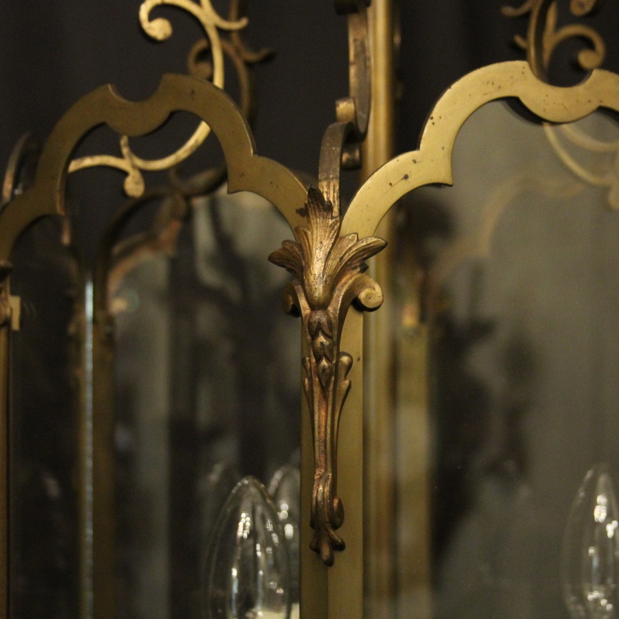 Antique French Brass Triple Light Antique Hall Lantern
