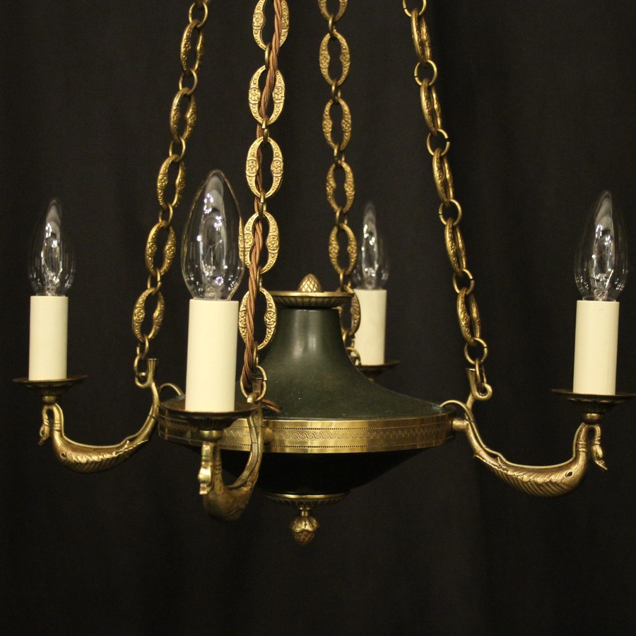 Antique French Gilded Brass Empire 4 Light Chandelier