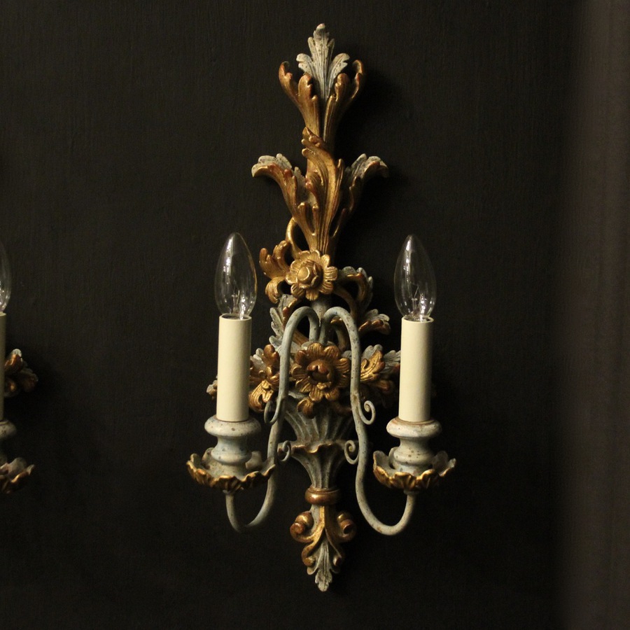 Antique Italian Pair Of Polychrome Gilded Wall Lights