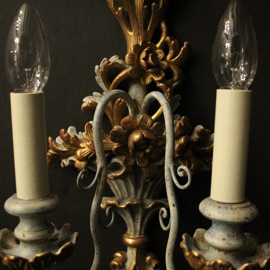 Antique Italian Pair Of Polychrome Gilded Wall Lights