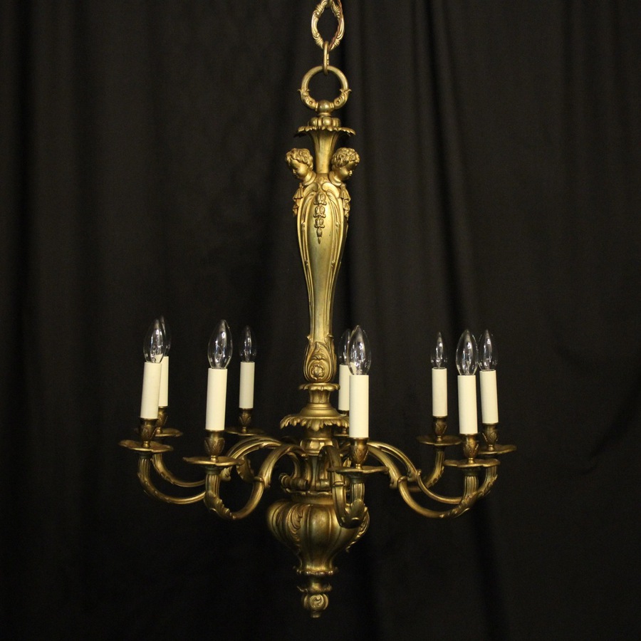 Antique English Gilded Cherub Bronze 8 Light Chandelier