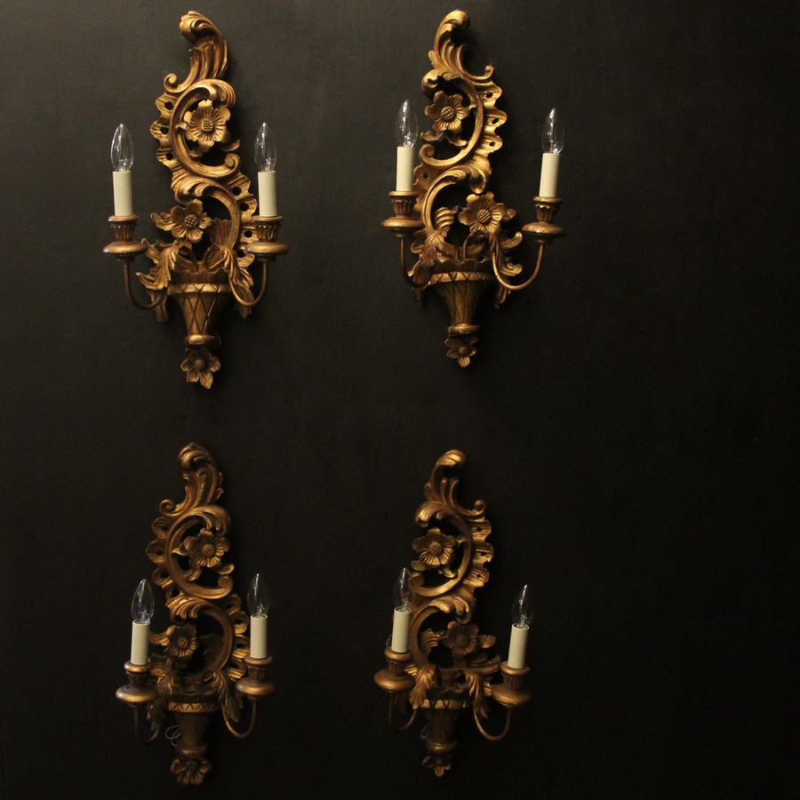 Antique Florentine Set Of 4 Giltwood Antique Wall Lights