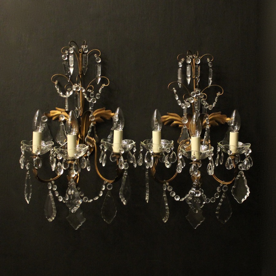 Antique French Pair Of Gilded Triple Arm Wall Lights