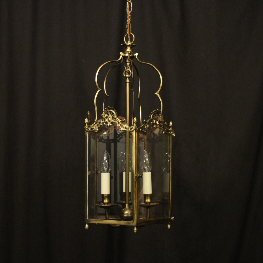 Antique English Brass Triple Light Antique Hall Lantern