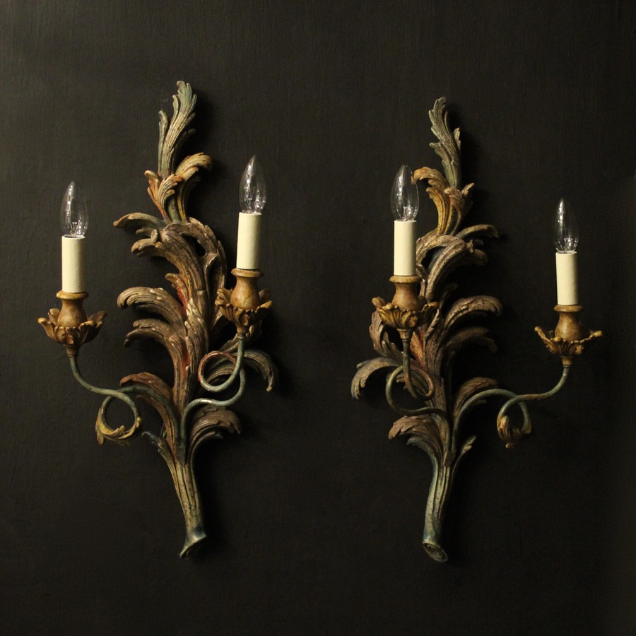 Antique French Pair Of Polychrome Gilded Wall Lights