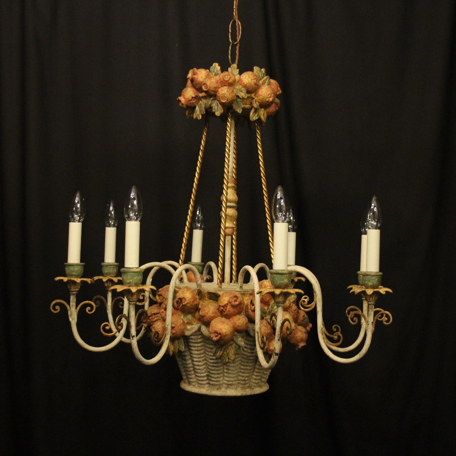 Antique French 8 Light Polychrome & Toleware Chandelier