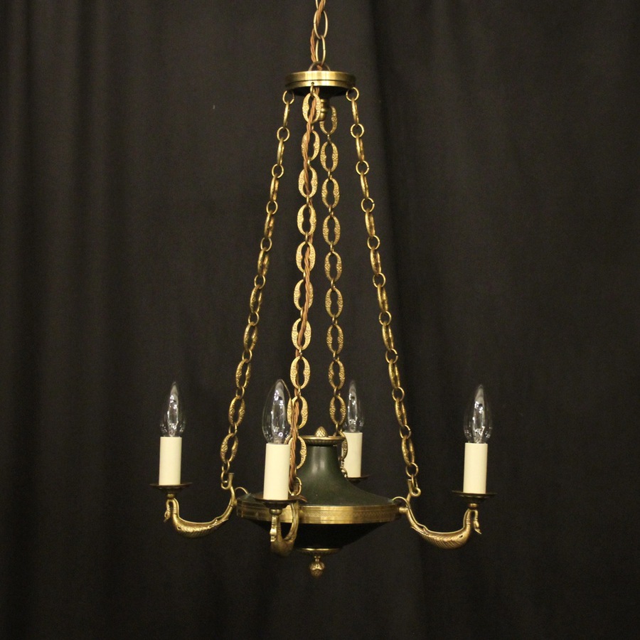 Antique French Gilded Brass Empire 4 Light Chandelier