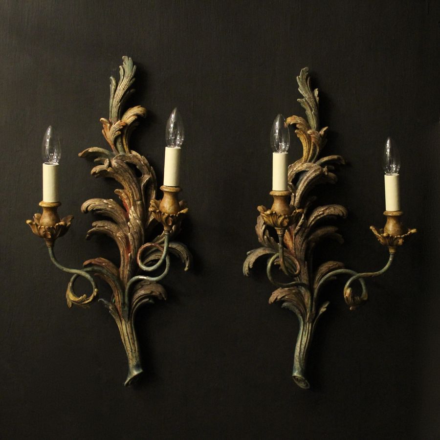 French Pair Of Polychrome Gilded Wall Lights
