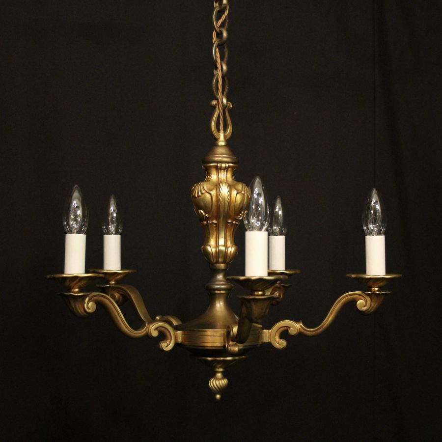 French Gilded Brass 5 Light Antique Chandelier