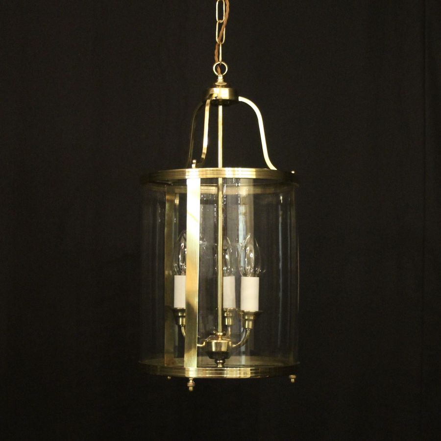 English Convex Brass Triple Light Hall Lantern 